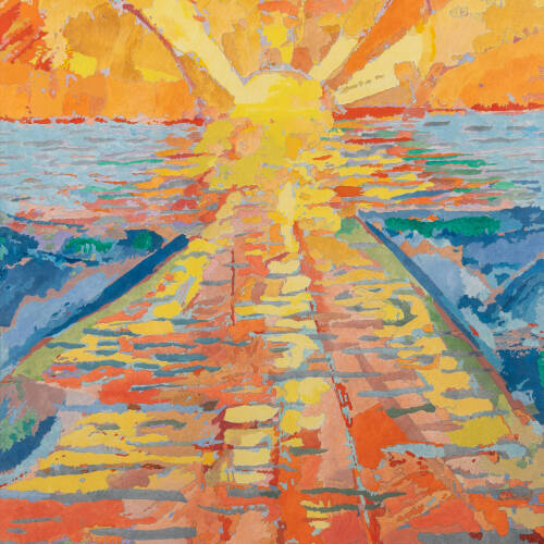 Bright colors of an abstract sunset with colorful reflections on the water done in yellow, orange, green and blues.